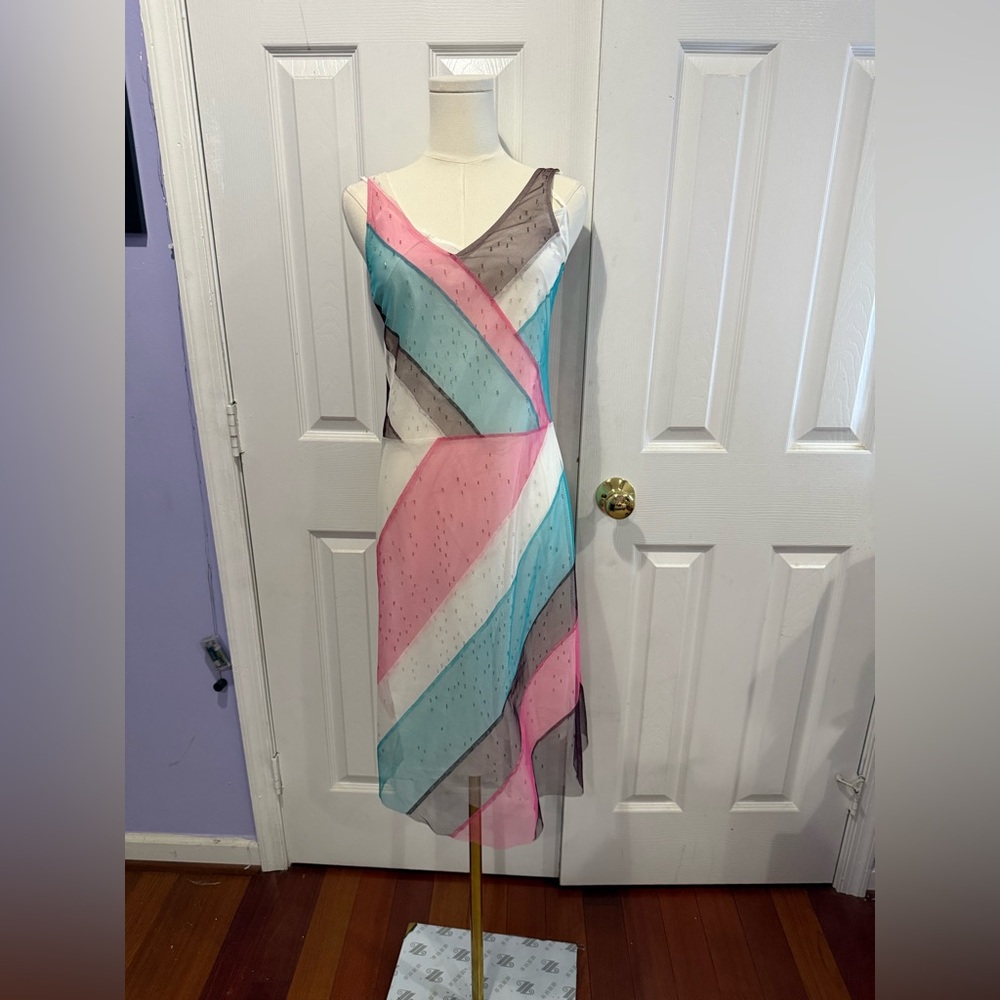 BCBGMaxAzria Asymmetrical Pink Blue Brown Dress